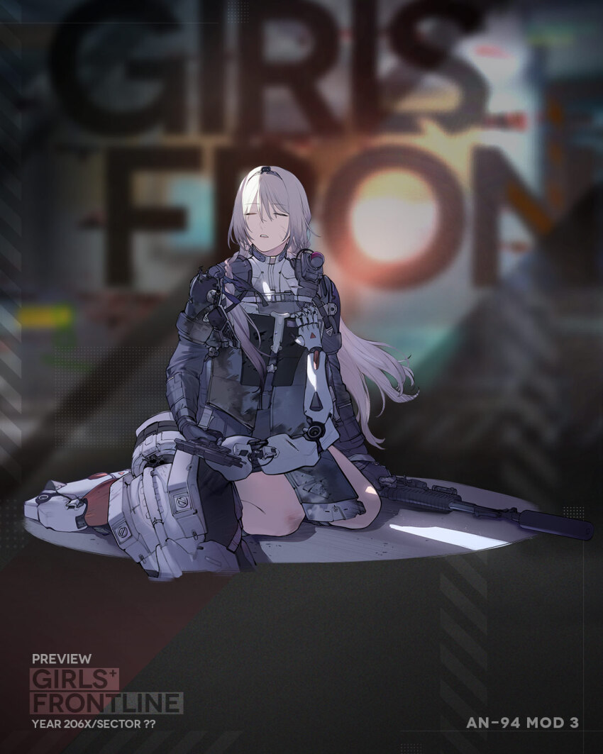1girl an-94 an-94_(girls&#039;_frontline) an-94_(mod3)_(girls&#039;_frontline) assault_rifle blonde_hair body_armor braid closed_eyes duoyuanjun girls&#039;_frontline gloves grabbing gun hairband handgun highres holding holding_gun holding_weapon kneeling long_hair mod3_(girls&#039;_frontline) mp-443_grach official_art paradeus parted_lips rifle solo tactical_clothes twin_braids weapon
