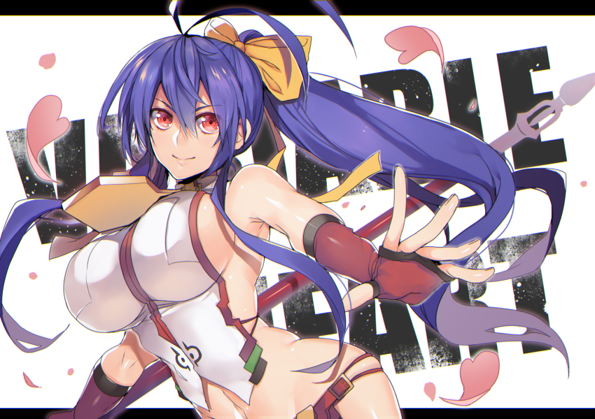 1girl antenna_hair bare_shoulders blazblue blazblue:_central_fiction blazblue_variable_heart blue_hair bow breasts female_focus fingerless_gloves genderswap genderswap_(mtf) gloves hair_between_eyes hair_bow hair_ribbon holding holding_weapon large_breasts letterboxed long_hair mai_natsume polearm ponytail purple_eyes red_gloves ribbon sideboob sidelocks smile solo spear uzukinoko very_long_hair weapon yellow_bow