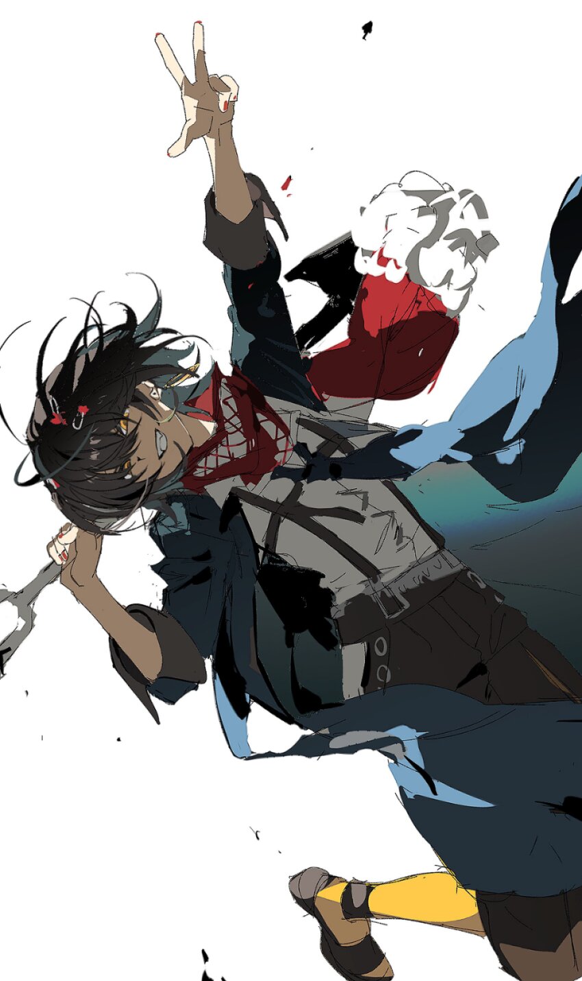 1boy absurdres black_hair black_pants black_scarf blue_coat coat earrings grin highres holding jewelry male_focus mashiro_meme mashiro_meme_(1st_costume) natwjeq nijisanji pants scarf shirt short_hair sideways simple_background smile solo teeth white_background white_shirt yellow_eyes