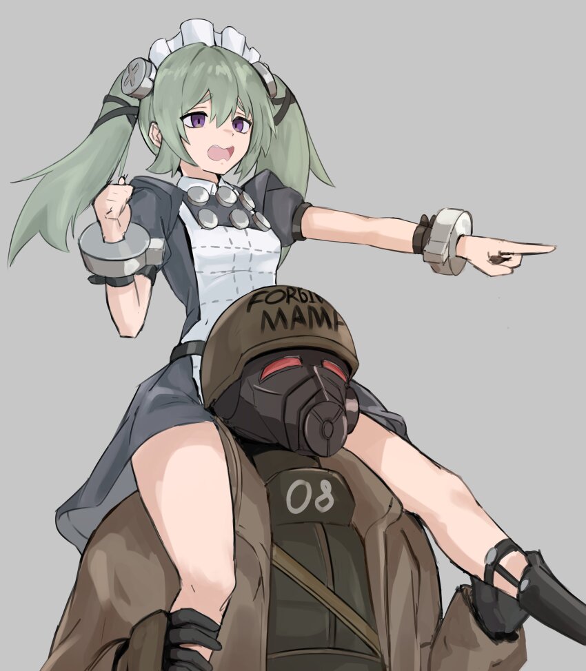 1boy 1girl absurdres apron armor arms_around_neck black_dress carrying carrying_person corin_wickes dress fallout fallout:_new_vegas gas_mask green_hair hair_between_eyes helmet highres holding long_hair looking_at_viewer maid maid_headdress mask ncr_veteran_ranger open_mouth piggyback piranha_(piranha_arts) puffy_sleeves purple_eyes screw_hair_ornament short_sleeves twintails weapon zenless_zone_zero
