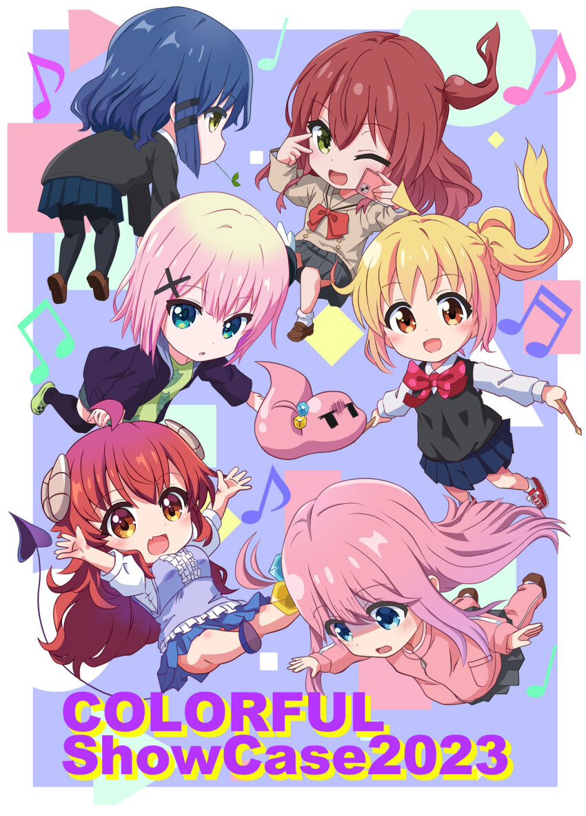 6+girls ahoge aqua_eyes blonde_hair blue_eyes blue_hair blush bocchi_the_rock! brown_hair chiyoda_momo crossover cube_hair_ornament demon_horns demon_tail gotoh_hitori gotoh_hitori_(tsuchinoko) green_eyes hair_between_eyes hair_ornament highres horns ijichi_nijika kita_ikuyo long_hair machikado_mazoku multiple_girls n88_colpla one_side_up open_mouth pink_hair red_eyes red_hair short_hair smile tail x_hair_ornament yamada_ryo yoshida_yuuko_(machikado_mazoku)