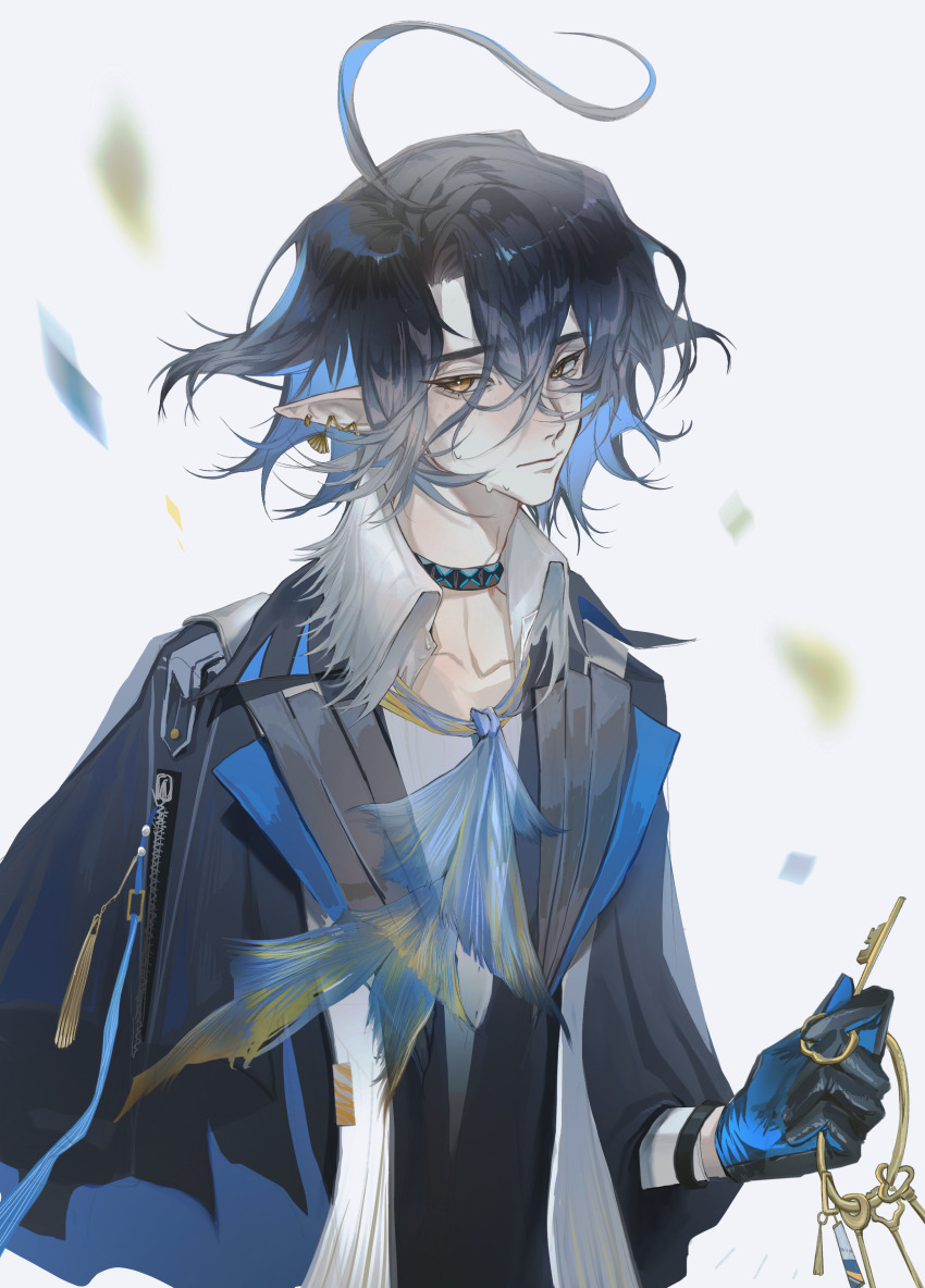 1boy absurdres ahoge arknights ascot black_choker black_gloves black_hair black_jacket blue_ascot blue_hair c8h11o2n chinese_commentary choker closed_mouth collared_shirt commentary_request earclip earrings gloves hair_between_eyes hand_up highres holding jacket jewelry key keyring long_bangs long_sleeves lumen_(arknights) male_focus multicolored_hair pointy_ears shirt solo sweat two-tone_hair upper_body white_shirt yellow_eyes