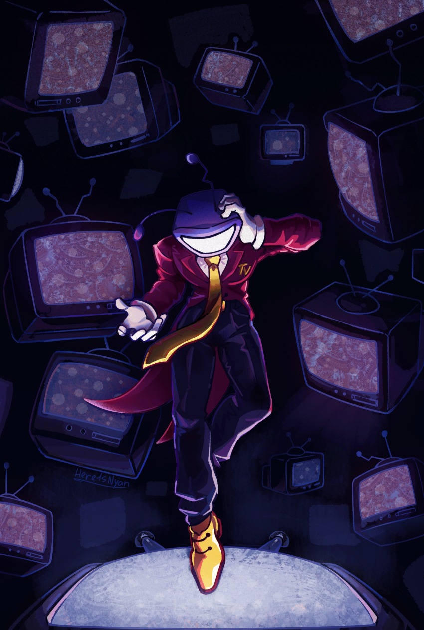 1boy absurdres ant_tenna arm_up artist_name belt_buckle black_pants buckle commentary crt deltarune english_commentary full_body gloves hand_on_own_head hand_up here1snyan highres male_focus necktie object_head pants shirt shoes solo static tailcoat white_gloves white_shirt yellow_necktie yellow_shoes