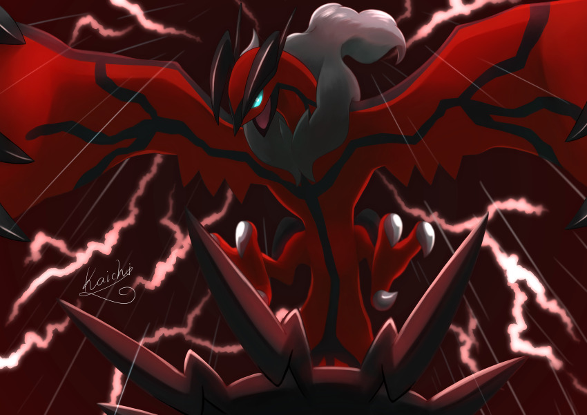 absurdres aqua_eyes commentary_request gen_6_pokemon highres kaichi_(tomiyu25) legendary_pokemon lightning nintendo no_humans open_mouth outdoors pokemon pokemon_(creature) rain signature sky solo talons yveltal