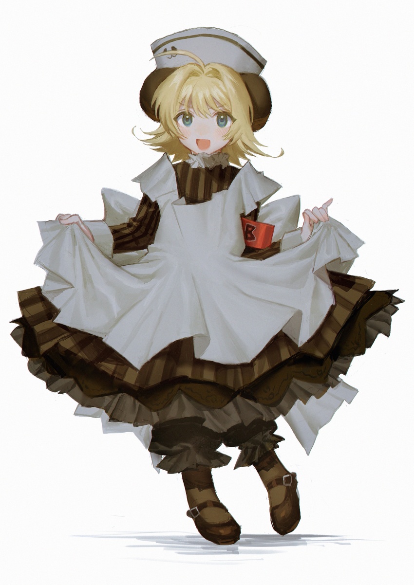 1girl absurdres ahoge animal_ears apron apron_hold armband back_bow black_bloomers black_dress black_shoes blonde_hair bloomers blue_eyes blush bow brown_pantyhose di_gi_charat dress flipped_hair frilled_dress frills full_body hair_intakes hat highres layered_dress long_sleeves mary_janes medium_hair nurse_cap open_mouth panda_ears pantyhose piyoko red_armband shoes simple_background smile solo standing striped_clothes striped_dress underwear v-shaped_eyebrows white_apron white_background white_bow white_hat yatatashira