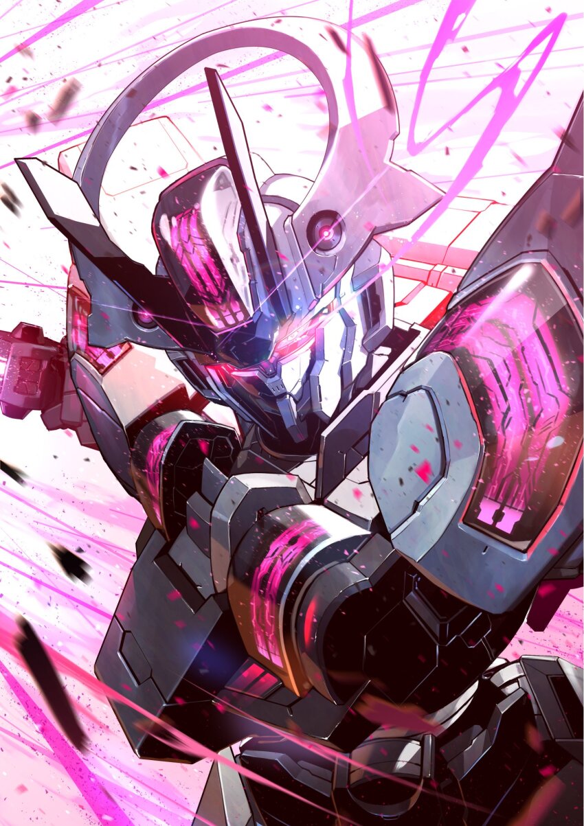 glowing glowing_eyes gundam gundam_schwarzette gundam_suisei_no_majo highres holding holding_sword holding_weapon kuri_giepi mecha mecha_focus mobile_suit no_humans pink_background robot science_fiction sword upper_body weapon white_background