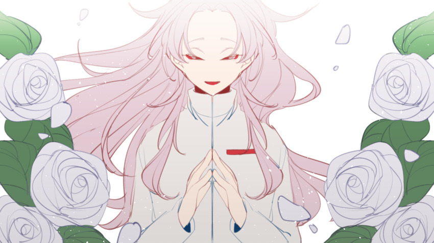 1boy closed_eyes commentary_request facing_viewer floating_hair flower hatsutori_hajime high_collar highres light_particles long_hair long_sleeves male_focus open_mouth parted_bangs pink_hair rose saibou_shinkyoku shirt smile solo steepled_fingers white_background white_flower white_petals white_rose white_shirt yokuhaku