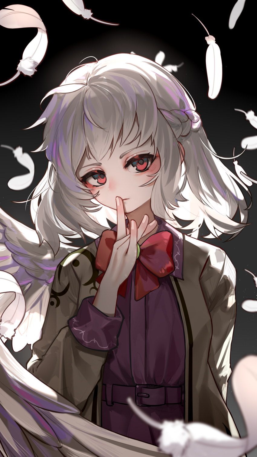 1girl absurdres black_background blurry bow bowtie braid chinese_commentary commentary_request feathers finger_to_mouth fingernails grey_hair grey_jacket grey_wings highres jacket kishin_sagume kourou_(kouroukun) long_sleeves looking_at_viewer medium_hair mixed-language_commentary partial_commentary purple_shirt red_bow red_bowtie red_eyes shirt simple_background single_wing solo touhou white_feathers wings