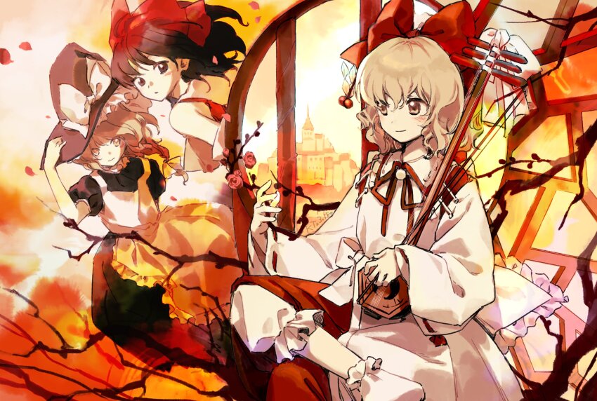 3girls apron bare_shoulders black_dress black_hat blonde_hair bloomers bow branch brown_hair closed_mouth crossed_legs detached_sleeves dress embodiment_of_scarlet_devil erhu frilled_apron frills hair_bobbles hair_bow hair_ornament hakurei_reimu hat highres instrument japanese_clothes kaigen_1025 kariginu kirisame_marisa long_sleeves medium_hair multiple_girls neck_ribbon no_shoes red_bow red_ribbon red_shirt red_skirt ribbon round_window satsuki_rin scarlet_devil_mansion sepia shirt short_hair sitting skirt smile socks touhou underwear white_apron white_bloomers white_bow white_skirt white_sleeves white_socks wide_sleeves window witch_hat yellow_eyes