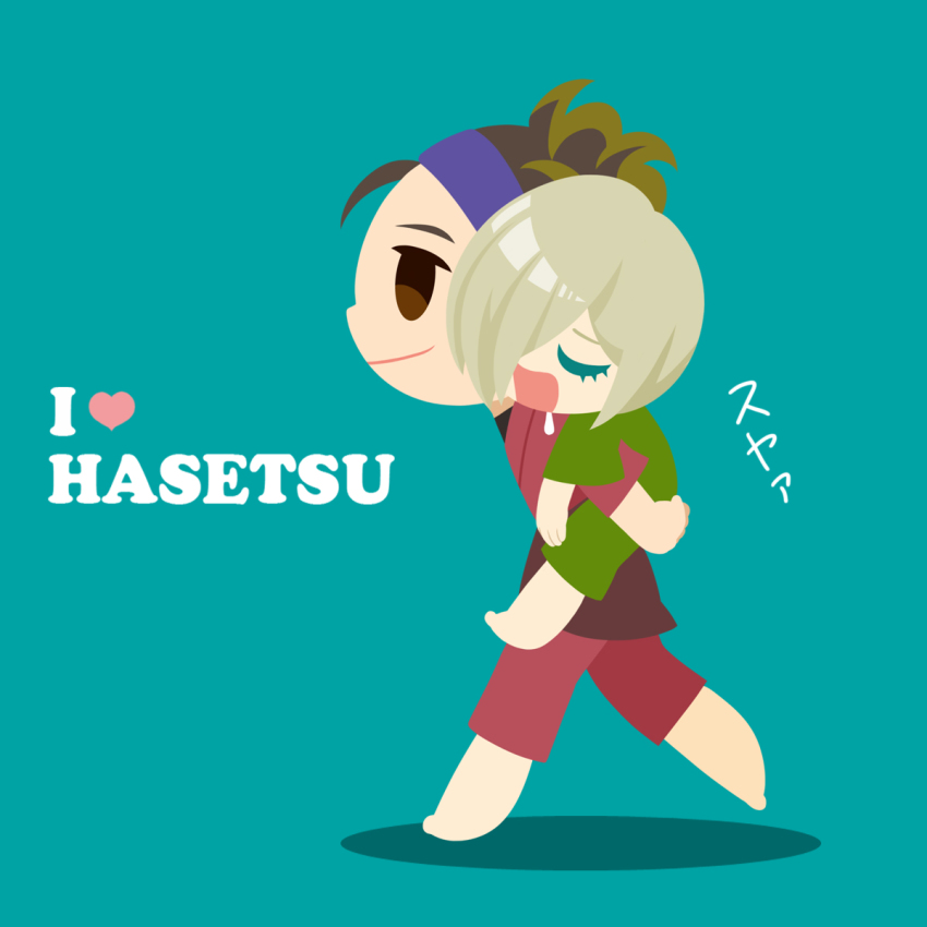 1boy 1girl aqua_background barefoot blonde_hair brown_eyes brown_hair carrying drooling english_text closed_eyes hair_over_one_eye headband highres japanese_clothes jinbei_(clothes) kaorin_minogue katsuki_mari piggyback sleeping smile walking yuri!!!_on_ice yuri_plisetsky