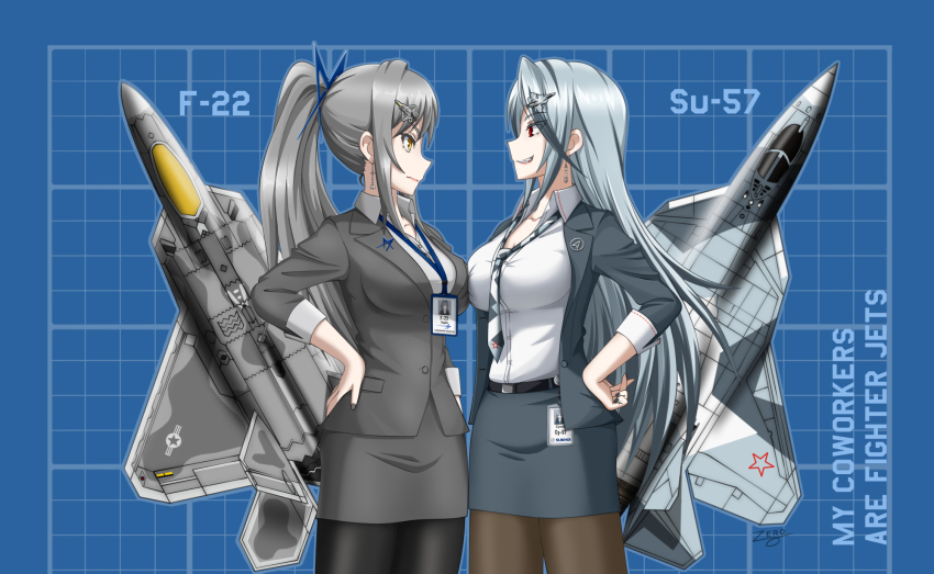 2girls aircraft airplane airplane_hair_ornament belt black_belt black_nails black_pantyhose blue_skirt blue_suit breast_press breasts brown_eyes brown_pantyhose collared_shirt earrings english_text f-22 f-22_raptor fighter_jet formal_clothes grey_hair grey_skirt grey_suit hair_ornament highres id_card jewelry large_breasts long_hair looking_at_another military military_vehicle miniskirt multiple_girls necktie office_lady original pantyhose personification ponytail red_eyes shirt sidelocks skirt skirt_suit standing su-57 suit symmetrical_docking vehicle_and_personification very_long_hair white_shirt zero_(73ro)