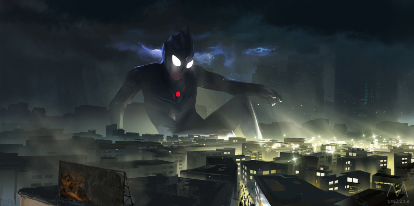 1boy billboard blue_skin building city cloud cloudy_sky color_timer colored_skin commentary compound_eyes dated diffraction_spikes dorsal_fin fine_art_parody glowing glowing_eyes grey_skin highres knee_up light_particles light_rays male_focus manhuajiazhishen night parody people signature sitting sky skyscraper solo_focus the_creation_of_adam thunderstorm tokusatsu ultra_series ultraman_tiga ultraman_tiga_(series) ultraman_tiga_(sky_type) white_eyes