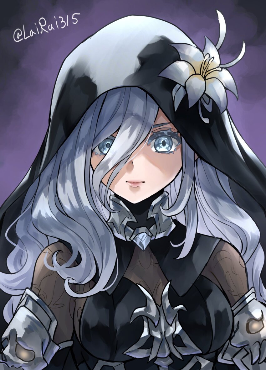 1girl 888666 absurdres black_dress black_veil blue_eyes breasts colored_eyelashes commentary_request dragon_quest dragon_quest_walk dress flower hair_between_eyes highres lily_(flower) long_hair looking_at_viewer medium_breasts purple_background skull solo twitter_username upper_body veil white_hair zearu_(dqw)