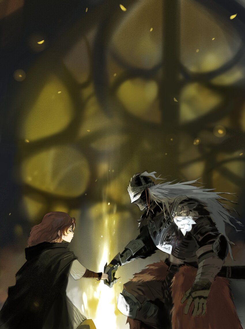 1boy 1other ambiguous_gender armor black_cape bloody_wolf_(elden_ring) brown_hair cape closed_eyes commentary droplixle elden_ring english_commentary full_armor gauntlets helmet highres holding_hands hood hood_down hooded_cape long_hair looking_at_another melina_(elden_ring) on_one_knee profile site_of_grace sitting tarnished_(elden_ring)
