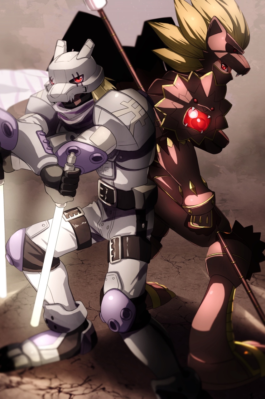 2boys armor armored_boots back-to-back belt black_belt black_gloves blonde_hair boots brothers digimon digimon_(creature) digimon_frontier full_body gloves glowing grey_pants helmet highres holding holding_weapon knee_pads light_and_dark lion_mask long_hair looking_at_viewer louwemon male_focus minamoto_kouichi minamoto_kouji multiple_boys pants red_eyes shoulder_armor siblings standing takeda_conomi weapon wolfmon