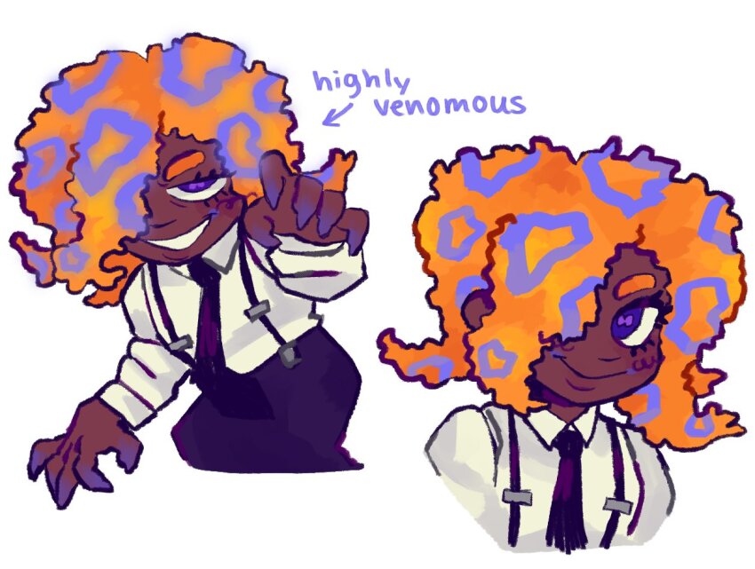 1girl black_necktie black_pants black_suspenders collared_shirt dark-skinned_female dark_skin english_text hair_over_one_eye long_sleeves looking_at_viewer multiple_views natibranch necktie nintendo orange_hair pants patterned_hair purple_eyes shirt simple_background smile splatoon_(series) splatoon_3 tao_blu tentacle_hair white_background white_shirt