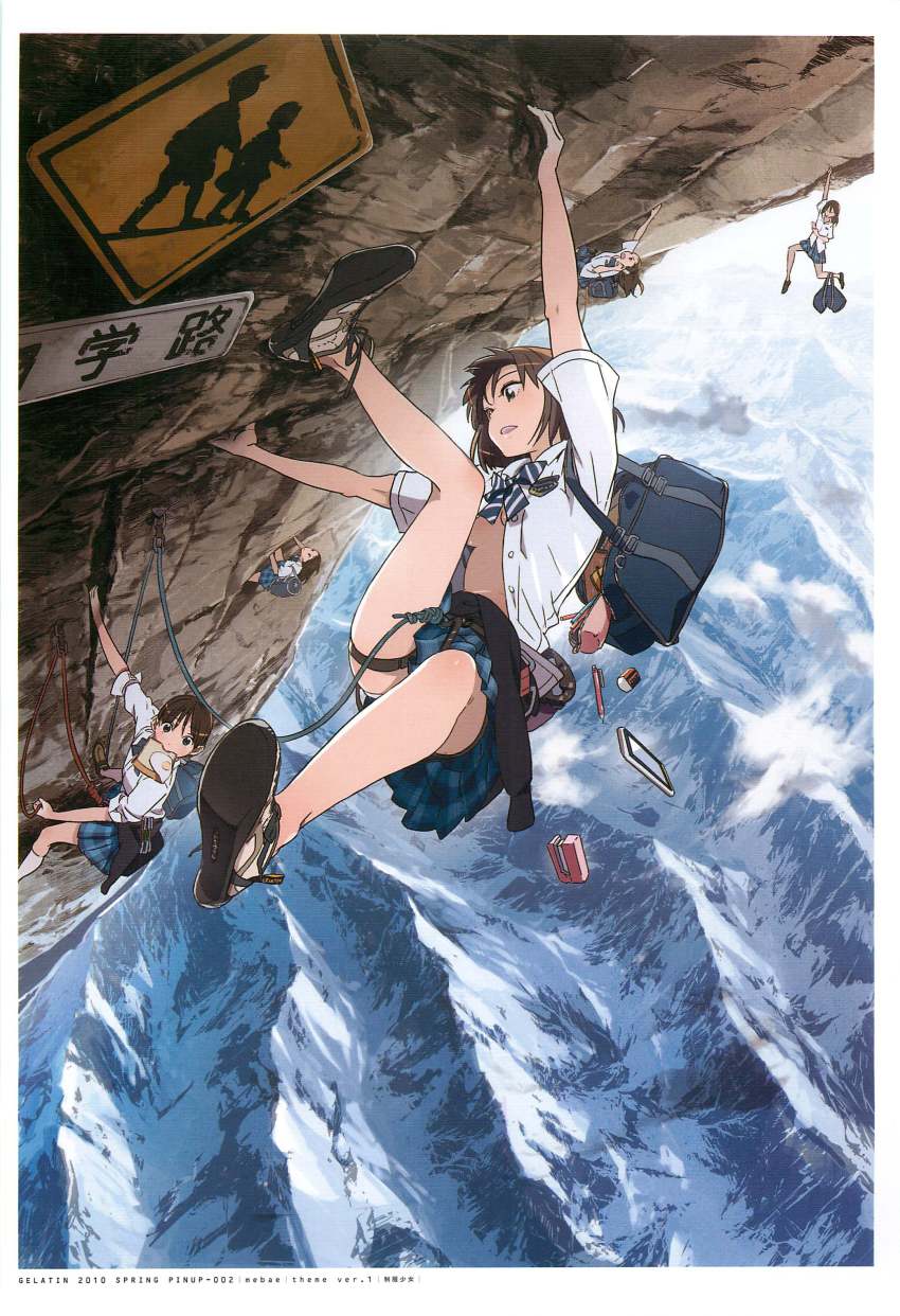 10s 2010 5girls absurdres artist_name bag bow bowtie bread bread_slice breasts brown_eyes brown_hair climbing climbing_harness dated day dropping falling food food_in_mouth fried_egg highres late_for_school looking_at_viewer mebae mountain mountain_climbing mouth_hold multiple_girls no_bra no_socks non-web_source open_clothes open_shirt original outdoors plaid_clothes plaid_skirt pleated_skirt road_sign rock_climbing scan scenery school_bag school_uniform shirt shoes short_hair shoulder_bag sign skirt small_breasts sneakers spring_(season) stapler toast toast_in_mouth translated underboob upshirt upskirt