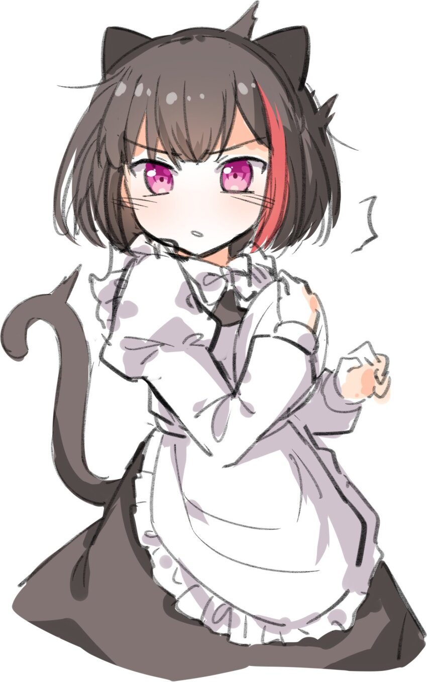 1girl ^^^ alternate_costume animal_ear_hairband animal_ears apron bang_dream! black_dress black_hair black_hairband blush bob_cut cat_ear_hairband cat_ears cat_tail dress enmaided fake_animal_ears fake_tail flinch gorilla-chan_(axpdxsyc0222) hairband highres holding holding_tray juliet_sleeves long_sleeves maid maid_apron mitake_ran multicolored_hair parted_lips puffy_sleeves red_hair short_hair simple_background solo streaked_hair tail tray v-shaped_eyebrows white_apron white_background white_sleeves