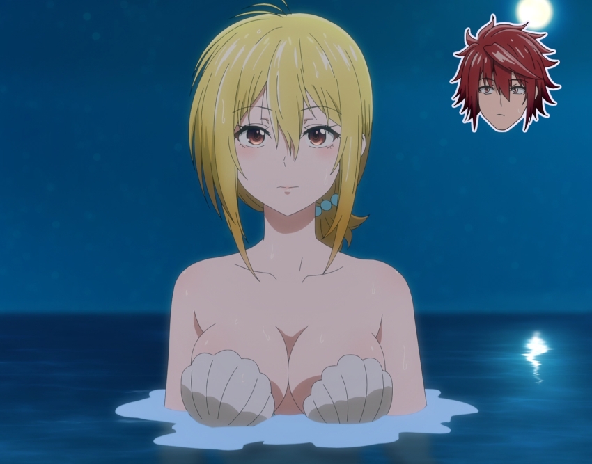 1girl akagami_akemitsu aoba_tsukuyo blonde_hair breasts cleavage collarbone highres large_breasts mermaid monster_girl moon night night_sky ocean outdoors red_eyes shell shell_bikini sky solo_focus temple_(series) water
