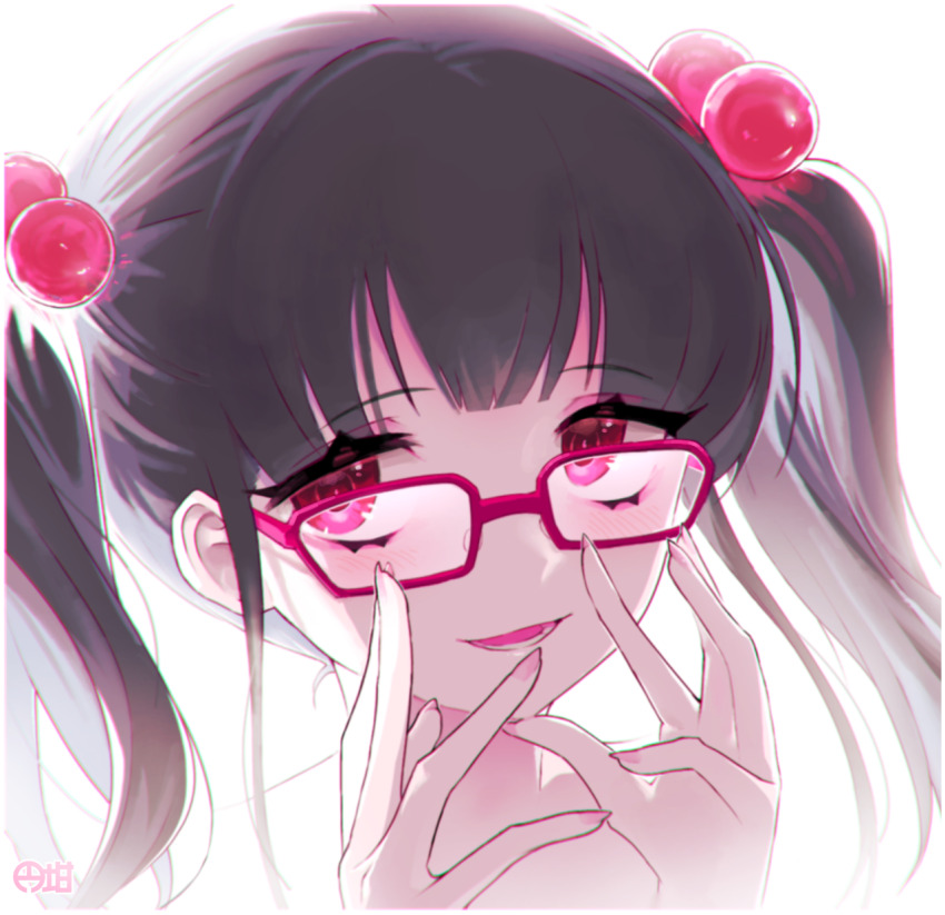 1girl a.i._voice backlighting black_hair bloom commentary_request completely_nude glasses hair_bobbles hair_ornament hands_up highres long_hair looking_at_viewer marutsubo nude onikko_hunter_tsuina-chan open_mouth portrait red_eyes sanpaku signature smile solo takatoo_saki twintails white_background