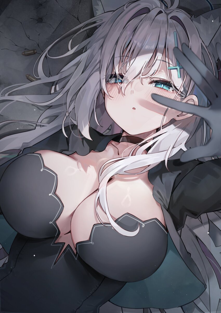 1girl absurdres animal_ear_fluff animal_ears black_choker black_dress black_gloves blue_archive breasts bullet choker cleavage commentary_request cross_hair_ornament dress extra_ears gloves hair_behind_ear hair_between_eyes hair_intakes hair_ornament hair_over_one_eye hair_spread_out highres kuroshiro_kanae large_breasts light_blush long_hair lying on_back outstretched_hand shiroko_(blue_archive) shiroko_terror_(blue_archive) solo upper_body white_hair wolf_ears