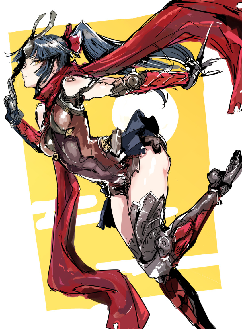 1girl android black_hair black_leotard breasts commentary_request egasumi fate/grand_order fate_(series) floating_hair foot_out_of_frame from_side hand_up headpiece highres holding holding_weapon joints katou_danzou_(fate) kuji-in leotard long_hair long_scarf looking_to_the_side mechanical_arms mechanical_legs medium_breasts osakana_(denpa_yun&#039;yun) ponytail profile red_scarf robot_joints scarf sketch leotard standing standing_on_one_leg thighhighs two-tone_background weapon white_background yellow_background yellow_eyes