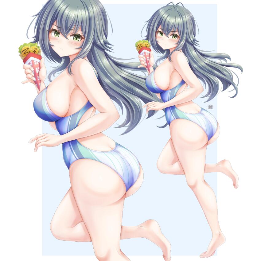 1girl absurdres antenna_hair ass barefoot bikini black_hair blue_bikini breasts competition_swimsuit crepe feet_out_of_frame food full_body gakuen_idolmaster green_eyes highres idolmaster long_hair looking_back one-piece_swimsuit sideboob solo swimsuit tong_shui tsukimura_temari two-tone_background