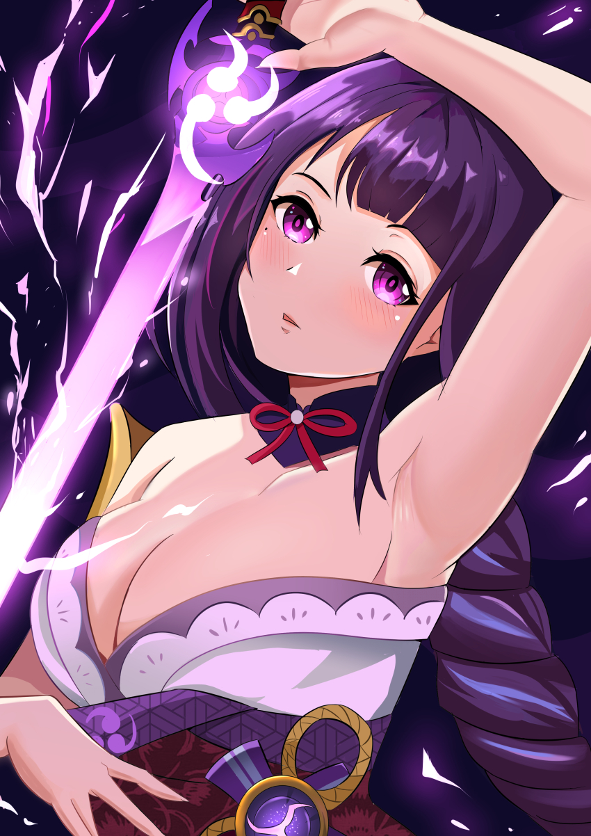 1girl absurdres arm_up armor armpits bare_shoulders blunt_bangs blush braid breasts cleavage collarbone electricity electro_symbol_(genshin_impact) from_side genshin_impact glowing head_tilt highres holding holding_sword holding_weapon japanese_clothes jpno katana kimono large_breasts leaning_to_the_side long_braid long_hair looking_at_viewer mitsudomoe_(shape) mixed-language_commentary mole mole_under_eye multicolored_hair musou_isshin_(genshin_impact) neck_ribbon off_shoulder open_mouth purple_background purple_eyes purple_hair purple_kimono raiden_shogun red_ribbon red_sash ribbon sash shade shoulder_armor simple_background single_braid solo streaked_hair sword tomoe_(symbol) upper_body weapon