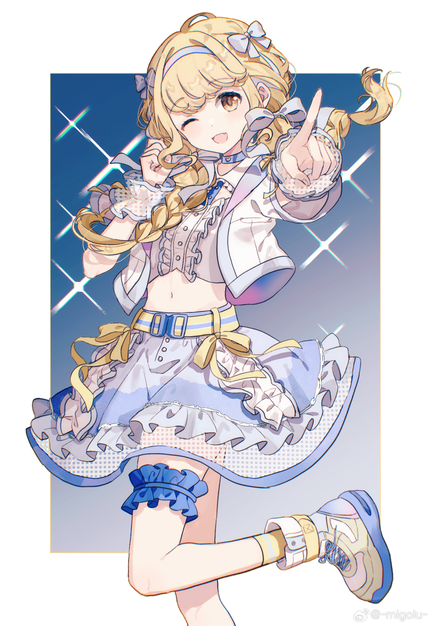 1girl absurdres belt blonde_hair blue_background blue_choker blue_scrunchie blue_skirt border bow braid buttons center_frills choker clenched_hand commentary crop_top fang frilled_shirt frilled_skirt frills fujita_kotone gakuen_idolmaster gradient_background hair_bow hair_ribbon hairband highres idolmaster index_finger_raised jacket layered_skirt leg_up looking_at_viewer migolu multicolored_hairband multicolored_shoes navel one_eye_closed open_mouth pointing pointing_at_viewer ribbon scrunchie sekaiichi_kawaii_watashi_(idolmaster) shirt shoes short_sleeves sidelocks skirt smile sneakers socks solo sparkle thigh_scrunchie twin_braids white_border white_bow white_jacket white_ribbon white_shirt wrist_cuffs yellow_belt yellow_eyes yellow_socks