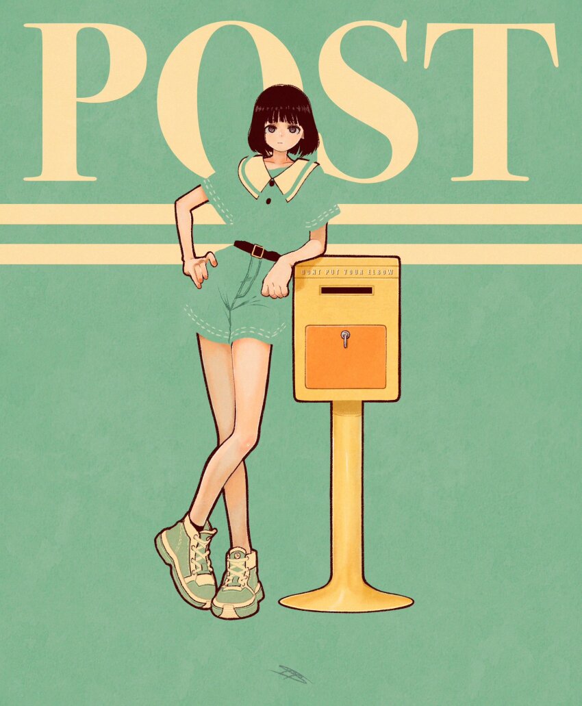 1girl aqua_background aqua_shirt aqua_shorts belt black_eyes black_hair blending english_text full_body hand_on_own_hip highres leaning_on_object looking_at_viewer medium_hair original postbox_(outgoing_mail) shirt shoes short_sleeves shorts signature solo standing syooooyoooo