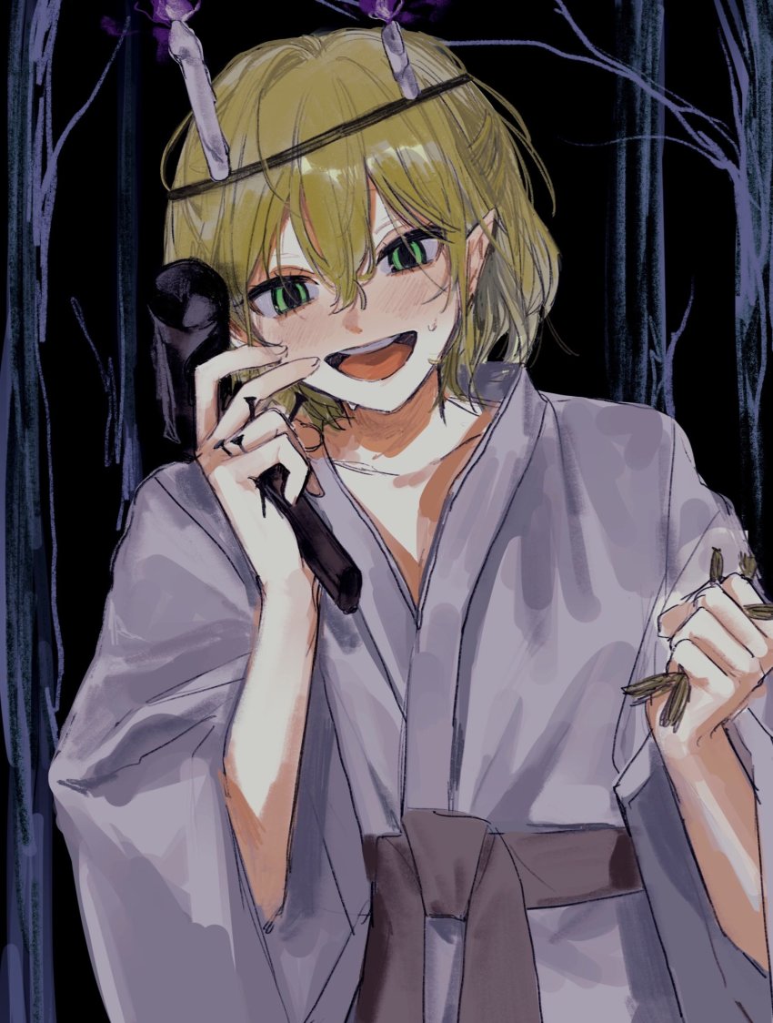 1girl :d alternate_costume blonde_hair blush candle commentary commission fire fire gotagotay green_eyes hair_between_eyes hammer hashihime highres holding holding_hammer looking_at_viewer mizuhashi_parsee open_mouth pointy_ears robe short_hair skeb_commission smile solo straw_doll sweatdrop teeth tongue touhou upper_body upper_teeth_only ushi_no_koku_mairi white_robe