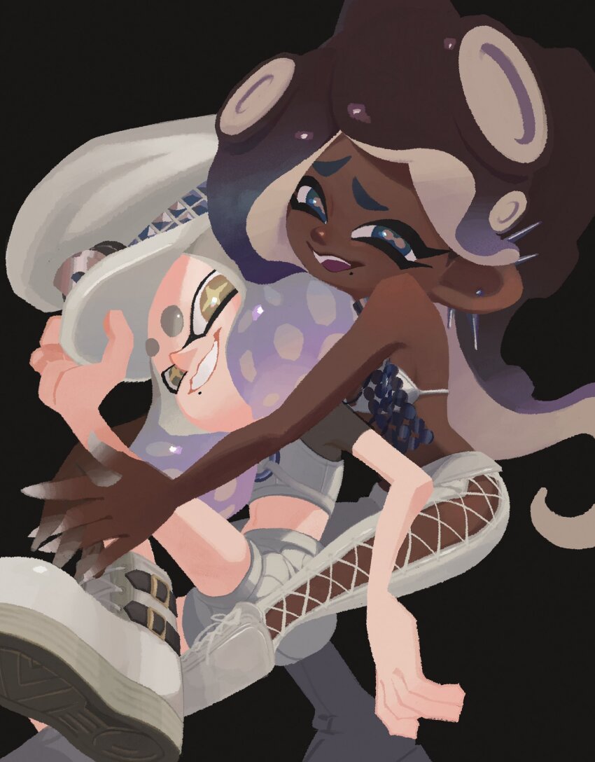 2girls adjusting_clothes adjusting_headwear aqua_eyes bikini bikini_top_only black_background blonde_hair boots brown_hair cephalopod_eyes crop_top cross-laced_slit dark-skinned_female dark_skin earrings fang furrowed_brow gradient_hair grey_bikini grin hat highres horizontal_pupils hug hug_from_behind inkling jewelry ka1_(k4k37) knee_boots long_hair looking_at_viewer marina_(grand_festival)_(splatoon) marina_(splatoon) medium_hair midriff mole mole_under_mouth multicolored_hair multiple_girls navel nintendo octoling official_alternate_costume open_mouth orange_eyes pants parted_bangs peaked_cap pearl_(grand_festival)_(splatoon) pearl_(splatoon) pink_pupils purple_hair raglan_sleeves see-through_clothes see-through_sleeves shirt shorts side_slit simple_background smile splatoon_(series) splatoon_3 star-shaped_pupils star_(symbol) stud_earrings suction_cups swimsuit symbol-shaped_pupils tentacle_hair thick_eyebrows two-tone_hair white_footwear white_pants white_shirt white_shorts yellow_pupils