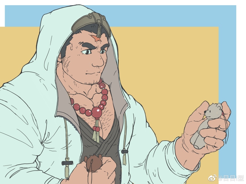 1boy bara bead_necklace beads chest_hair chinese_commentary cross_scar dark-skinned_male dark_skin facial_hair goatee highres holding holding_toy hood hood_up houzouin_oniwaka jacket japanese_clothes jewelry kimono large_pectorals long_sideburns male_focus mature_male me-me_(mouact2) muscular muscular_male necklace open_clothes open_jacket pectoral_cleavage pectorals scar scar_on_face scar_on_forehead short_hair sideburns solo stubble stuffed_animal stuffed_toy sweatdrop teddy_bear thick_eyebrows tokyo_houkago_summoners toy unzipped upper_body