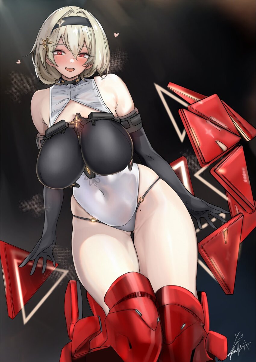1girl armored_boots bare_shoulders black_gloves black_hairband black_leotard black_panties blonde_hair blush boots breasts commentary covered_navel elbow_gloves gloves goddess_of_victory:_nikke hair_between_eyes hair_ornament hairband heart highres impossible_clothes impossible_leotard large_breasts leotard looking_at_viewer medium_hair mole_on_groin multicolored_leotard o-ring o-ring_bottom o-ring_panties open_mouth panties panties_under_leotard red_boots red_eyes red_shoes_(nikke) rib:y(uhki) sidelocks skindentation smile solo standing steam thigh_gap two-tone_leotard underwear white_leotard