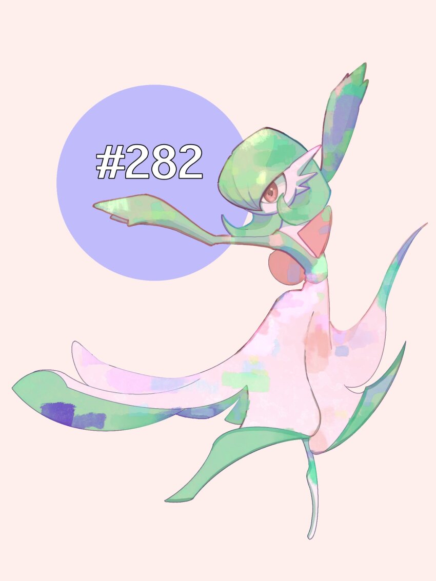 arms_up bob_cut colored_skin dress gardevoir gardevoir_day gen_3_pokemon green_hair green_skin hair_over_one_eye highres multicolored_skin mxlaghrsuk33yws nintendo no_feet pink_eyes pokemon pokemon_(creature) simple_background two-tone_skin white_dress white_skin