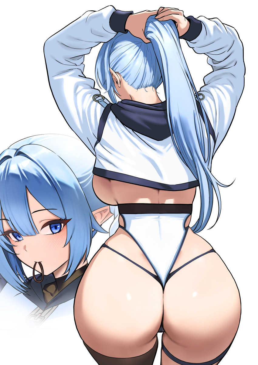 1girl absurdres arms_behind_head arms_up ass back black_panties blue_eyes blue_hair breasts brown_thighhighs character_pria commission cowboy_shot crop_top from_behind highleg highleg_leotard highres large_breasts leotard long_hair long_sleeves looking_at_viewer mouth_hold mr_tangsuyuk multiple_views original panties pointy_ears ponytail shirt simple_background single_thighhigh string_panties thigh_strap thighhighs tying_hair underwear white_background white_leotard white_shirt