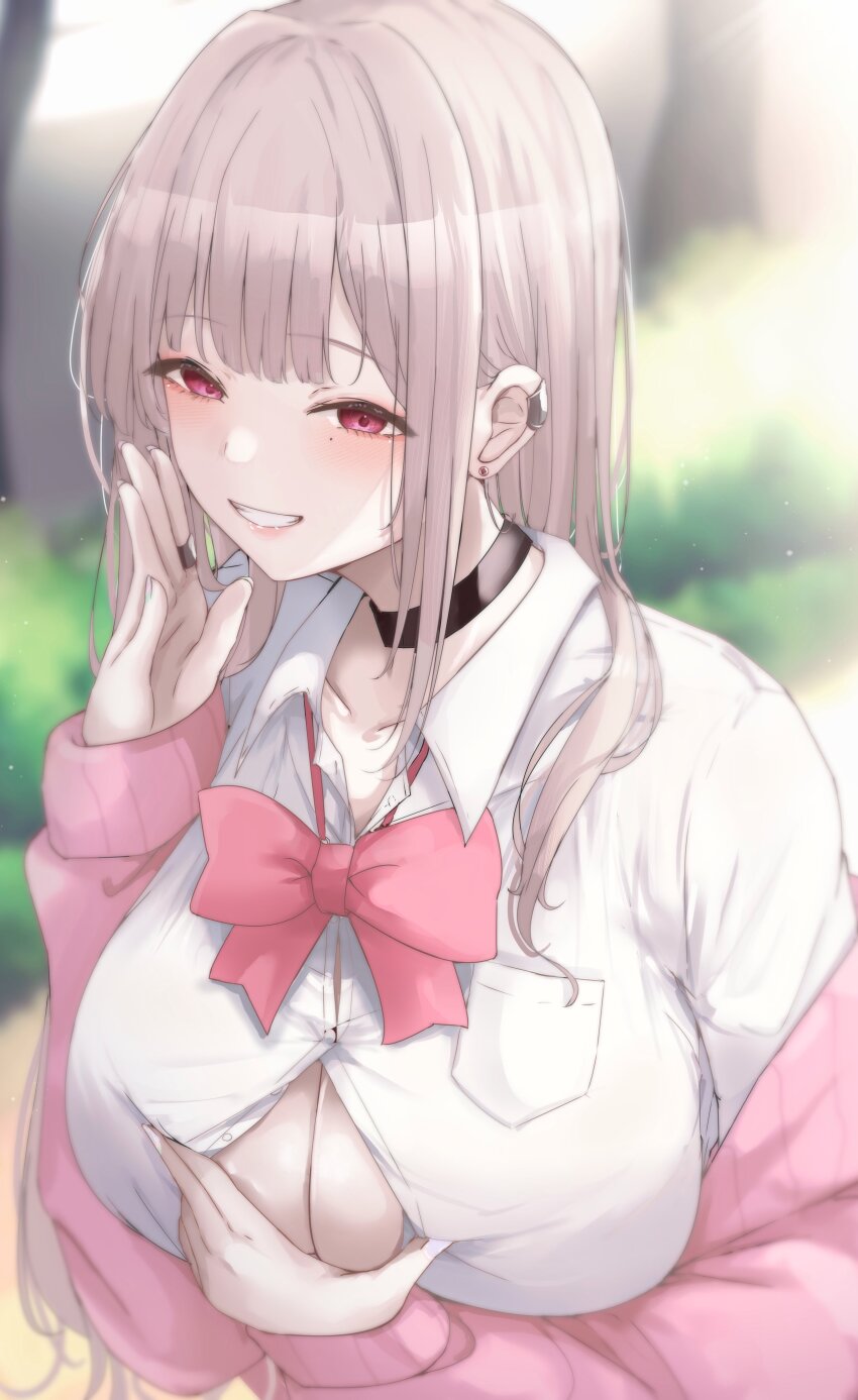 1girl absurdres alternate_costume black_choker blurry blurry_background blush bow bowtie breasts brown_hair button_gap cardigan choker cleavage collared_shirt commentary day earclip earrings eyeshadow goddess_of_victory:_nikke grin highres jewelry large_breasts long_hair looking_at_viewer loose_bowtie makeup mole mole_under_eye nail_polish no_bra off_shoulder open_cardigan open_clothes outdoors partially_unbuttoned pink_bow pink_bowtie pink_cardigan pink_eyes pink_eyeshadow ring ryuu. shirt smile solo traditional_bowtie upper_body viper_(nikke) white_nails white_shirt wing_collar