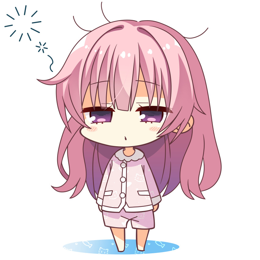 1girl absurdres alternate_costume arms_at_sides barefoot blunt_bangs blush_stickers chibi chibi_only commentary half-closed_eyes highres kaon_zz long_hair long_sleeves looking_at_viewer messy_hair mitsukasa_ayase pajamas parted_lips pink_hair pink_pajamas purple_eyes riddle_joker simple_background sleepy solo squeans standing very_long_hair white_background