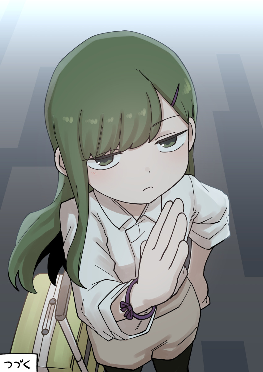 1girl absurdres alternate_hairstyle blunt_bangs blush chop collared_shirt green_eyes green_hair highres hime_cut igarashi_futaba long_hair looking_up medium_hair pantyhose pantyhose_under_shorts pov senpai_ga_uzai_kouhai_no_hanashi shiromanta shirt shorts solo straight_hair unamused wristband