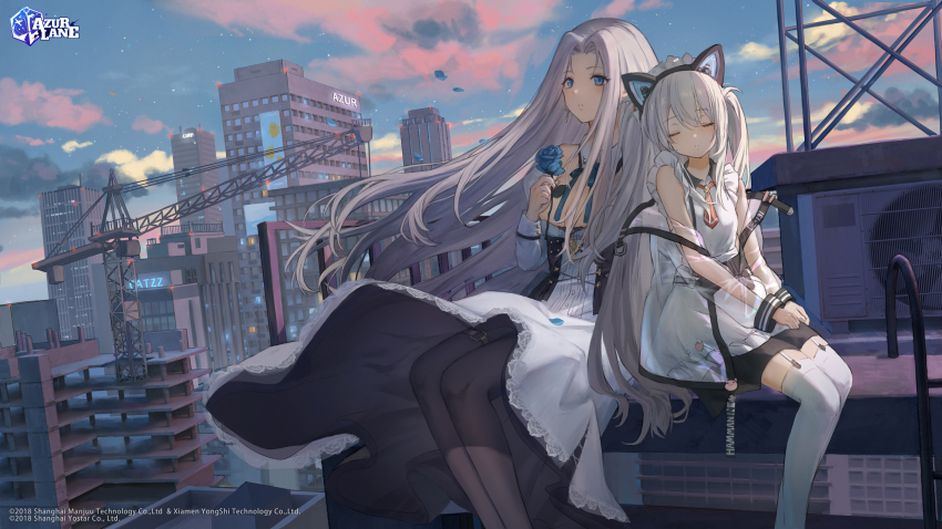 2girls azur_lane bare_shoulders blue_flower blue_rose blue_sky building catzz cityscape closed_eyes closed_mouth cloud commentary copyright_name crane_(machine) dress duplicate english_commentary floating_hair flower garter_straps hammann_(azur_lane) hammann_ii_(azur_lane) highres holding holding_flower ladder logo long_hair multiple_girls official_art outdoors pantyhose parted_bangs pixel-perfect_duplicate promotional_art rooftop rose second-party_source shadow sitting sky skyscraper sleeping sunset thigh_strap thighhighs white_dress white_hair white_thighhighs yorktown_(azur_lane) yorktown_ii_(azur_lane)