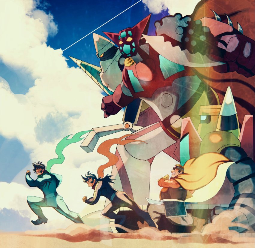 3boys axe black_hair cape crossed_arms drill from_side getter-1 getter-2 getter-3 getter_robo getter_robo_(classic) green_scarf highres holding holding_axe jin_hayato male_focus mecha multiple_boys musashi_tomoe nagare_ryoma orange_scarf pilot_suit red_cape robot running scarf science_fiction slllle1 super_robot yellow_eyes