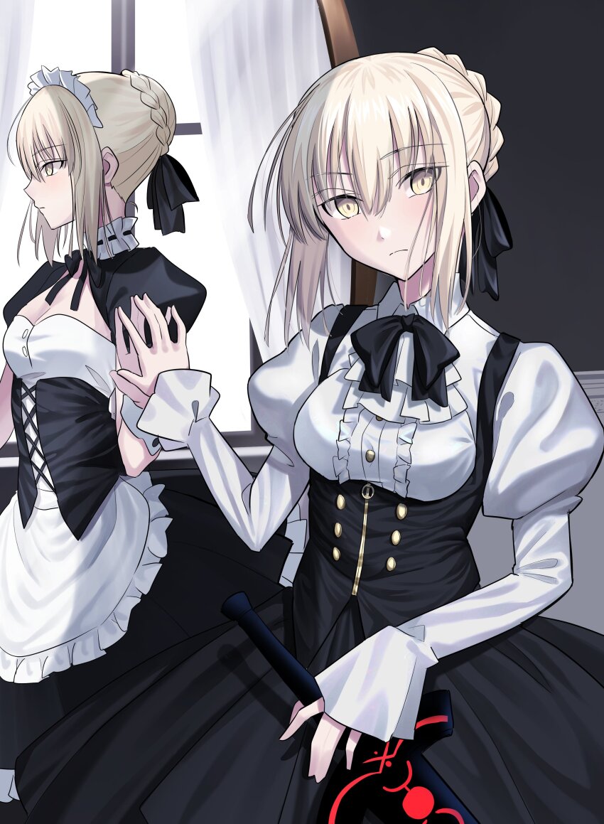 1girl absurdres alternate_costume artoria_pendragon_(fate) black_dress black_ribbon braid closed_mouth commentary different_reflection dress english_commentary excalibur_morgan_(fate) expressionless fate/grand_order fate_(series) hair_between_eyes hair_ribbon highres holding holding_sword holding_weapon juliet_sleeves long_sleeves longdq3008 looking_at_viewer maid maid_headdress mirror puffy_short_sleeves puffy_sleeves reflection ribbon saber_alter short_hair short_sleeves sword two-tone_dress weapon white_dress yellow_eyes
