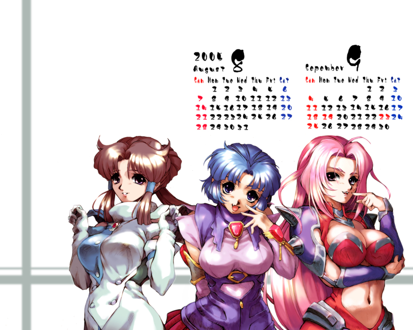 00s 2005 3girls :d ahoge armor august banpresto blue_eyes blue_hair blunt_bangs bodysuit breast_hold breasts brown_hair buttons calendar center_opening cleavage_cutout clothing_cutout detached_sleeves donut_hair_bun dress elbow_gloves fang finger_to_mouth gem gloves grin hair_bun hair_tubes hand_to_own_mouth head_tilt hisahiko kusuha_mizuha large_breasts leaning_forward lineup long_hair looking_at_viewer midriff minaki_tomine miniskirt multiple_girls naughty_face navel open_mouth parted_bangs pauldrons pink_hair pleated_skirt pointing ponytail purple_eyes selena_recital selena_reshtal september short_hair shoulder_armor sidelocks simple_background single_hair_bun skirt smile spikes super_robot_wars super_robot_wars_alpha the_3rd_super_robot_wars_alpha turtleneck upper_body vambraces very_long_hair white_background