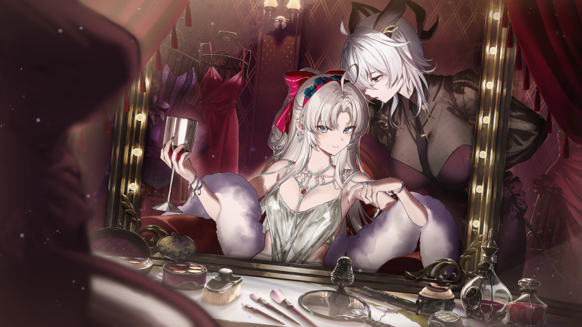 2girls ahoge alternate_costume aqua_eyes arm_behind_back bare_shoulders black_horns black_necktie black_tail bow breasts carlotta_(wuthering_waves) cleavage closed_mouth commentary cup curled_horns dress drinking_glass earrings english_commentary feather_boa fingernails grey_hair hair_bow hairband highres holding holding_cup horns indoors jewelry long_hair looking_at_another looking_at_viewer makeup_palette medium_breasts multicolored_hair multiple_girls necktie parted_bangs pink_bow pink_hairband purple_dress reflection revision salmon88 see-through_cleavage see-through_clothes sitting smile streaked_hair striped_bow wuthering_waves zani_(wuthering_waves)