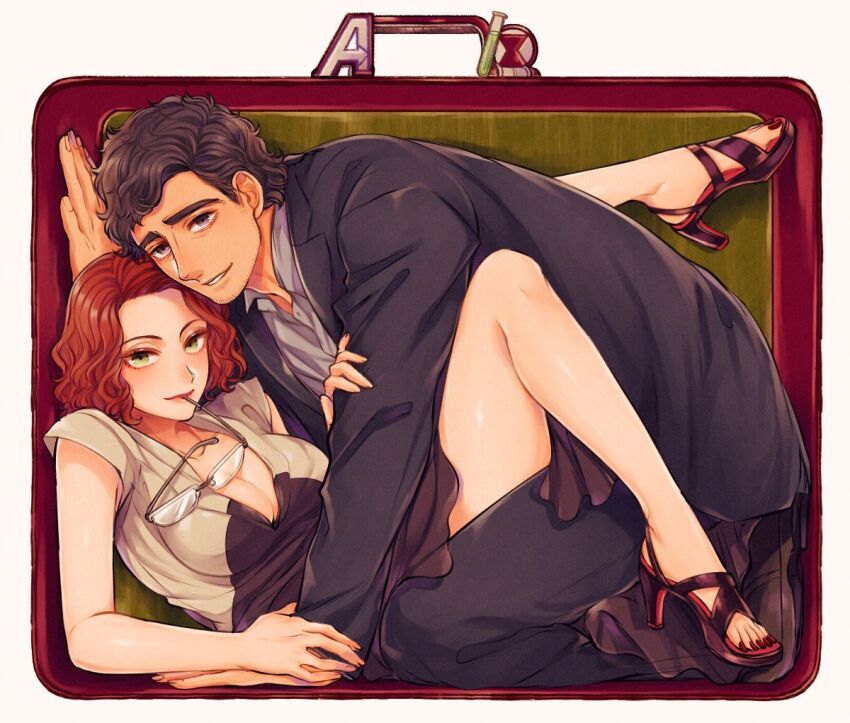 1boy 1girl animification avengers:_age_of_ultron avengers_(series) black_dress black_footwear black_hair black_jacket black_pants breasts brown_footwear bruce_banner closed_mouth collarbone collared_jacket collared_shirt commentary_request couple dress fingernails formal_clothes glasses green_eyes grey_shirt hand_up hetero high_heels jacket large_breasts leg_up lips long_sleeves looking_at_viewer lying marvel marvel_cinematic_universe mizala nail_polish natasha_romanoff open_clothes open_jacket pants purple_eyes red_hair red_nails shirt shoes short_hair simple_background sitting sleeveless sleeveless_dress smile suit suitcase toenail_polish toenails two-tone_dress unworn_eyewear white-framed_eyewear white_background white_dress