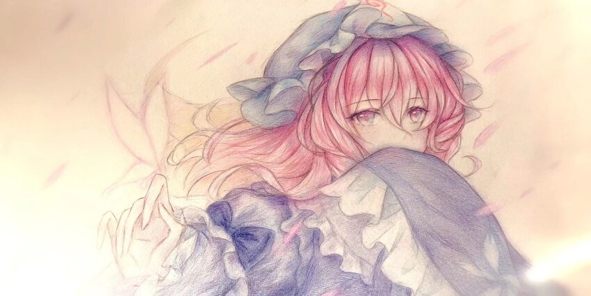 1girl blue_hat blue_kimono bug butterfly butterfly_on_hand commentary covering_own_mouth frilled_sleeves frills hair_between_eyes hat highres insect japanese_clothes kimono looking_at_viewer medium_hair mob_cap pink_butterfly pink_eyes pink_hair saigyouji_yuyuko solo tianlan touhou upper_body