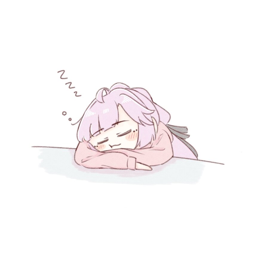 1girl :3 :t ahoge amano_tatsu anyoji_hime black_ribbon blunt_bangs blush commentary_request hair_ribbon highres hood hooded_jacket jacket link!_like!_love_live! long_hair long_sleeves love_live! multi-tied_hair pink_hair pink_jacket ponytail ribbon sidelocks simple_background sleeping sleeping_on_desk solo squeans swept_bangs virtual_youtuber white_background zzz