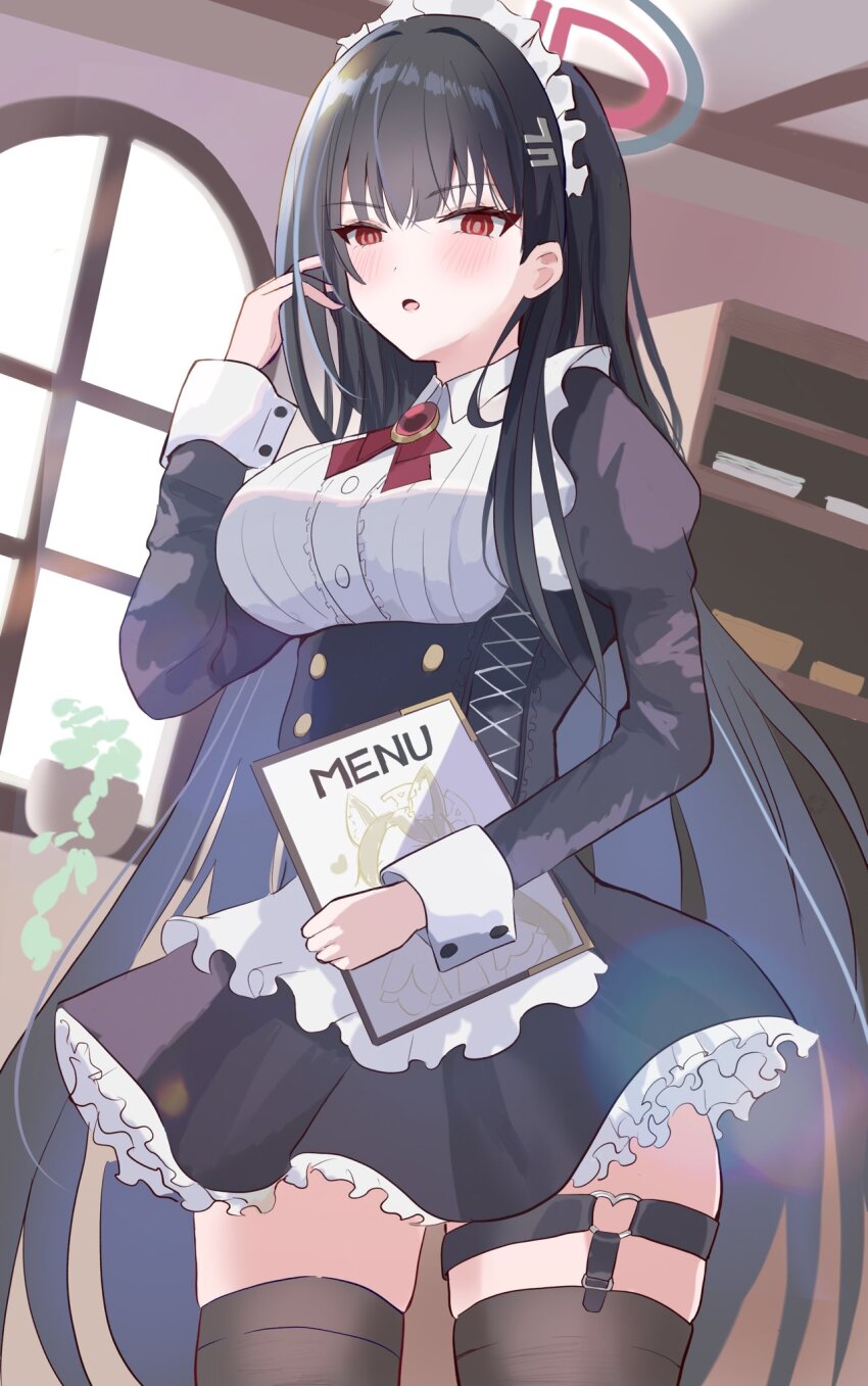 1girl alternate_costume apron black_hair black_halo black_shirt black_skirt black_thighhighs blue_archive blush breasts buttons character_print commentary cowboy_shot double-breasted enmaided frilled_apron frilled_skirt frills halo hand_up heart heart_o-ring high-waist_skirt highres holding holding_menu indoors juliet_sleeves large_breasts long_hair long_sleeves looking_at_viewer maid maid_apron maid_headdress menu multicolored_halo neck_ribbon o-ring o-ring_thigh_strap open_mouth puffy_sleeves red_eyes red_halo red_ribbon ribbon ringed_eyes rio_(blue_archive) seia_(blue_archive) shirt skirt smyin_rii solo straight_hair thigh_strap thighhighs tsurime two-tone_halo v-shaped_eyebrows very_long_hair white_apron zettai_ryouiki