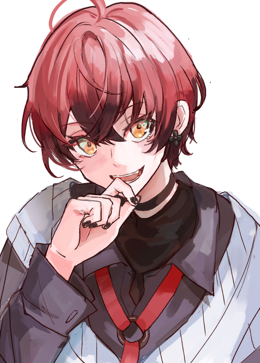 1boy ahoge bishounen black_choker black_nails choker earrings hair_between_eyes highres holostars holostars_english jacket jewelry long_sleeves looking_at_viewer machina_x_flayon male_focus official_alternate_costume open_mouth red_hair shirt short_hair simple_background smile solo teeth upper_body vera_aisight white_background yellow_eyes