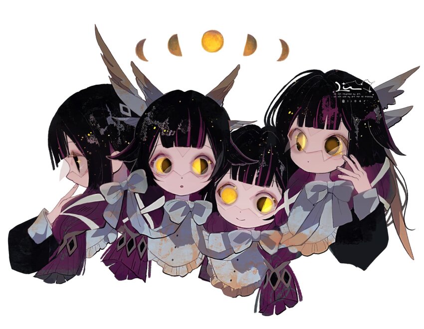 4girls arm_up black_hair blunt_bangs bow closed_mouth columbina_(genshin_impact) commentary cropped_shoulders dot_mouth dot_nose english_commentary full_moon genshin_impact head_wings highres li04r long_sleeves mismatched_eyes moon moon_phases multicolored_hair multiple_girls open_mouth purple_hair ribbon simple_background sleeve_cuffs smile watermark white_background white_ribbon wings